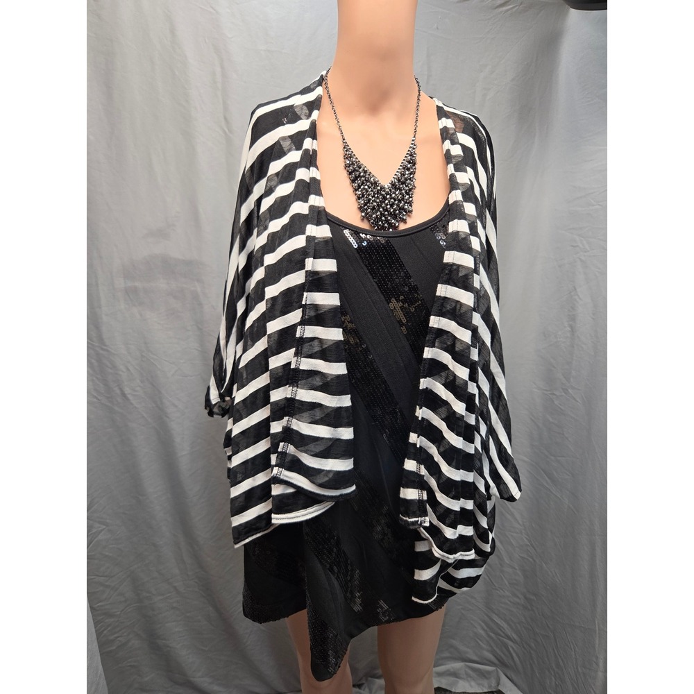 Cardigan Wrap Tank Womens 3X B&W Striped Draped Open Front Lightweight Chic FLAW
